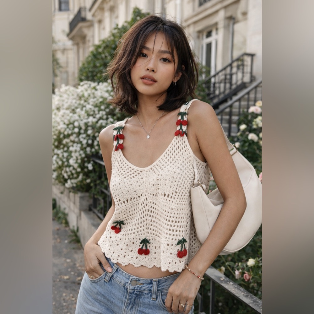 Rebellion Cream Crochet Tank Top with Cherry Appliqués - Picture 9 of 10